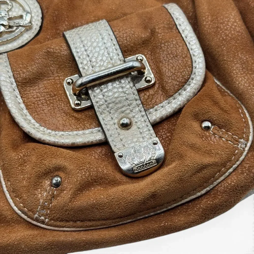 Kathy Van Zeeland Y2K Brown Faux Suede Hobo Bag Gold Crown Studded Purse